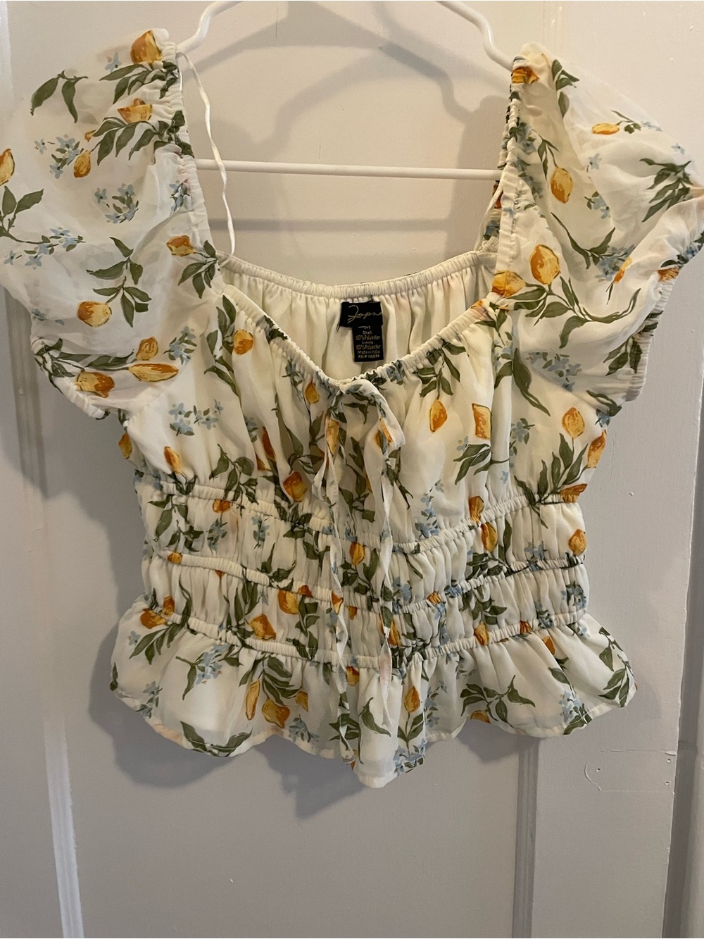 Zara White Floral Smocked Peplum Top - Yellow Lemon Print